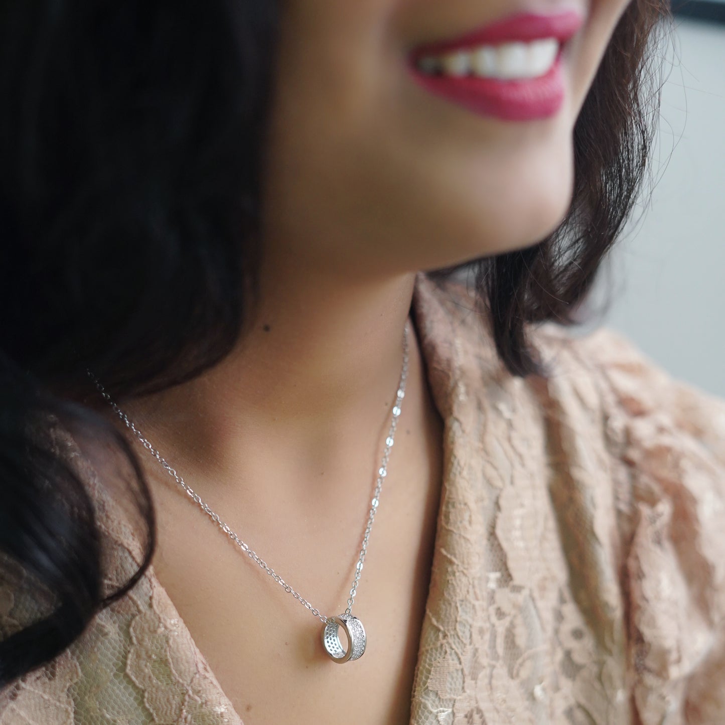 Silver Plated Donut Chain Pendant with CZ