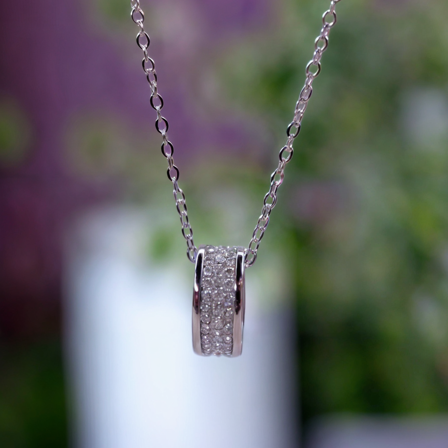 Silver Plated Donut Chain Pendant with CZ
