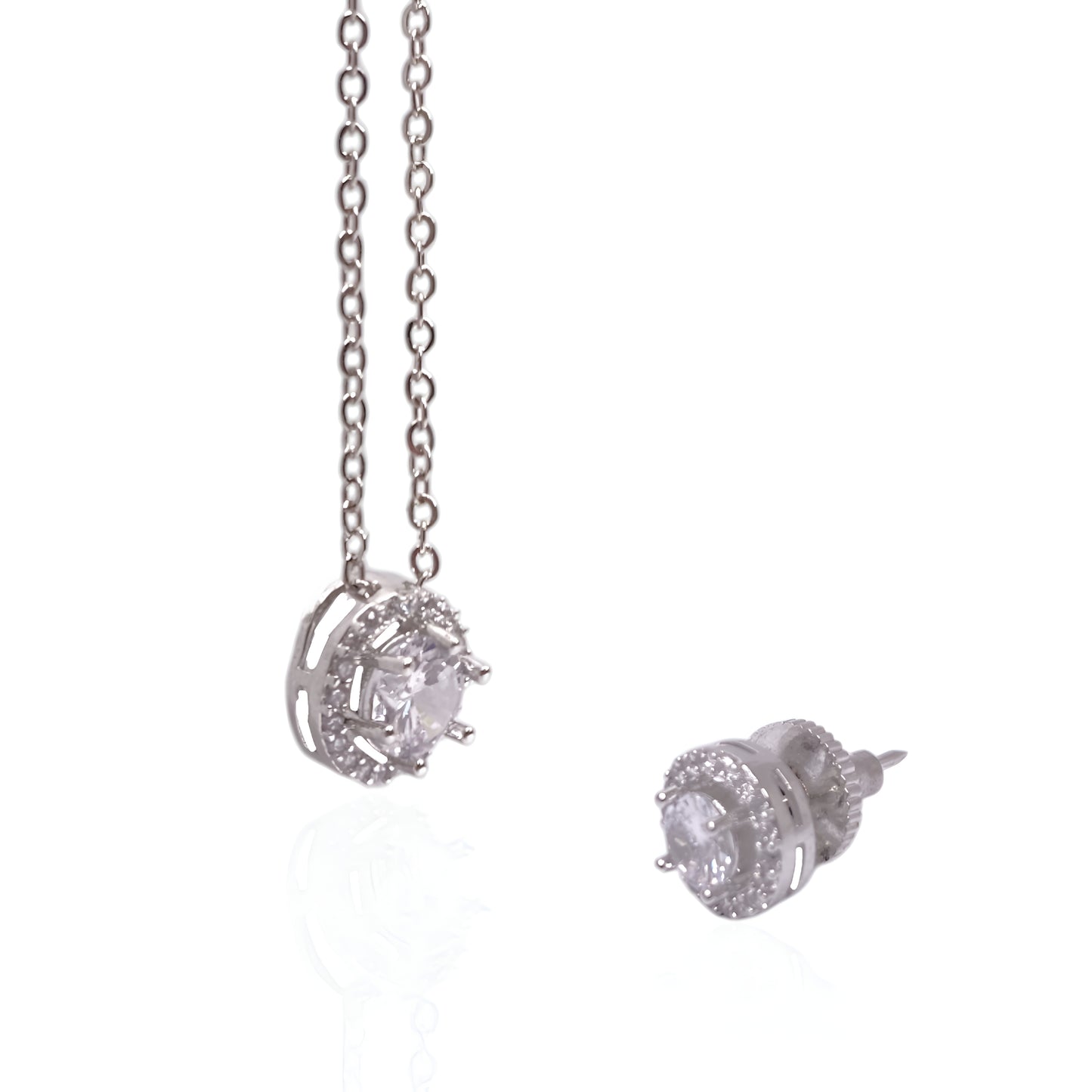 Beautiful Round Single AD Solitaire Chain Pendant Set with Studs