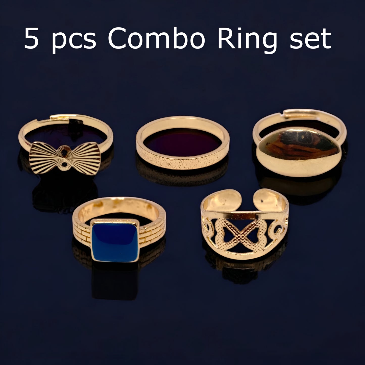 Stylish Golden Plated 5 Combo Rings Set for Women