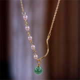 Green Jade Chain Pendant with Beaded Pearls