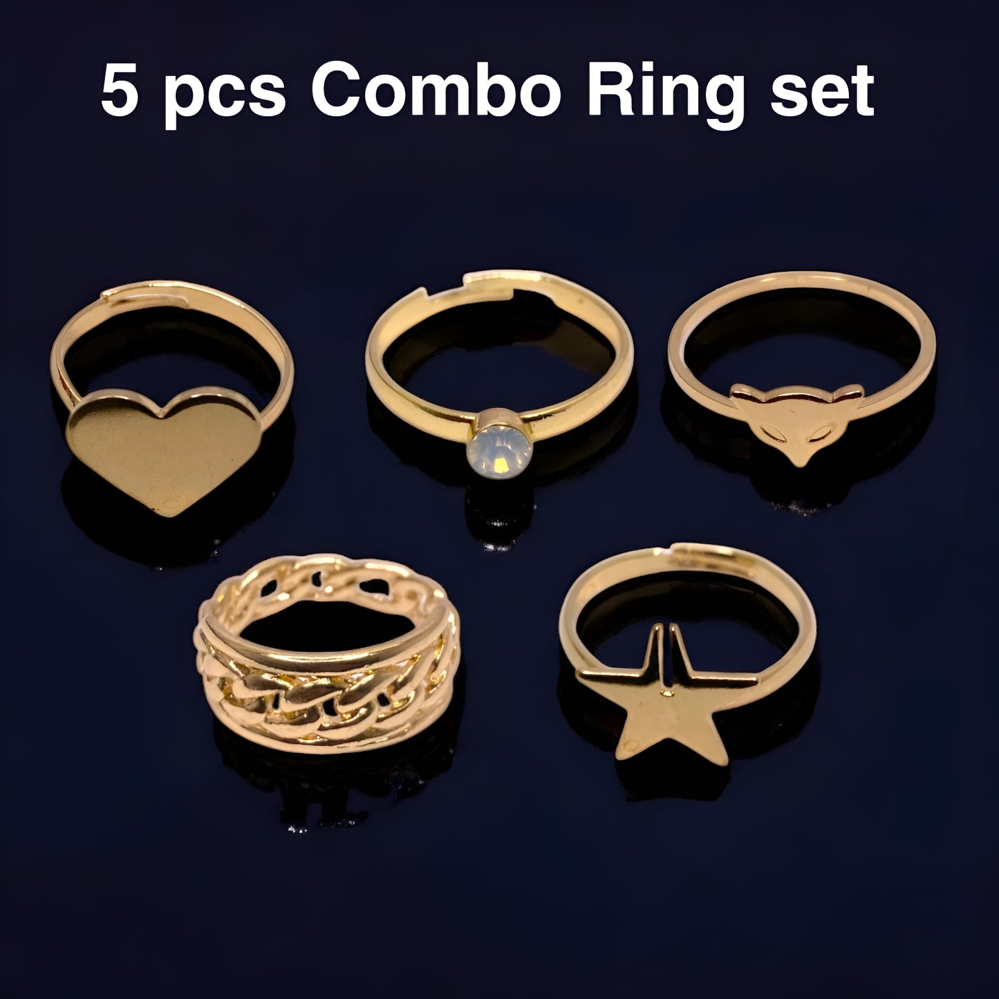 Stylish Golden Plated 5 Combo Rings Set for Women
