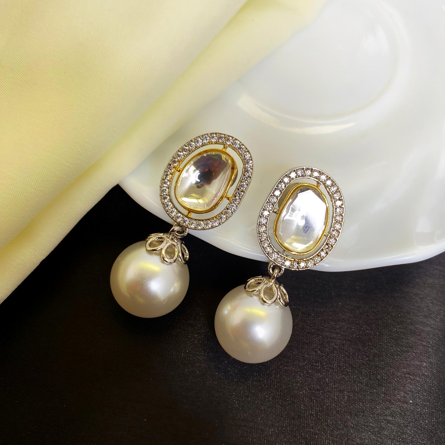 Beautiful Kundan Earrings with white Drop Pearl & Moissanite Stones