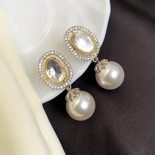 Beautiful Kundan Earrings with white Drop Pearl & Moissanite Stones