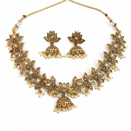 Gold Toned Choker Necklace Set with Earrings for Women