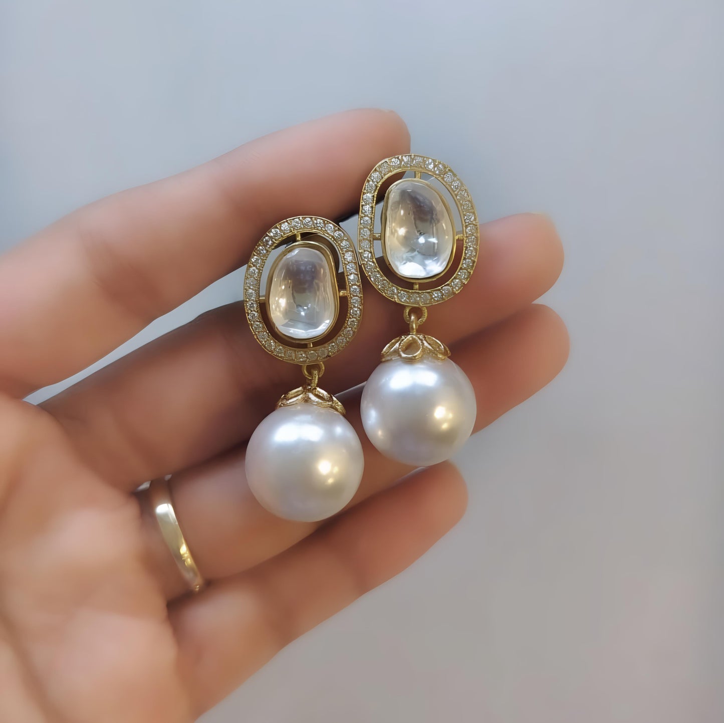 Beautiful Kundan Earrings with white Drop Pearl & Moissanite Stones