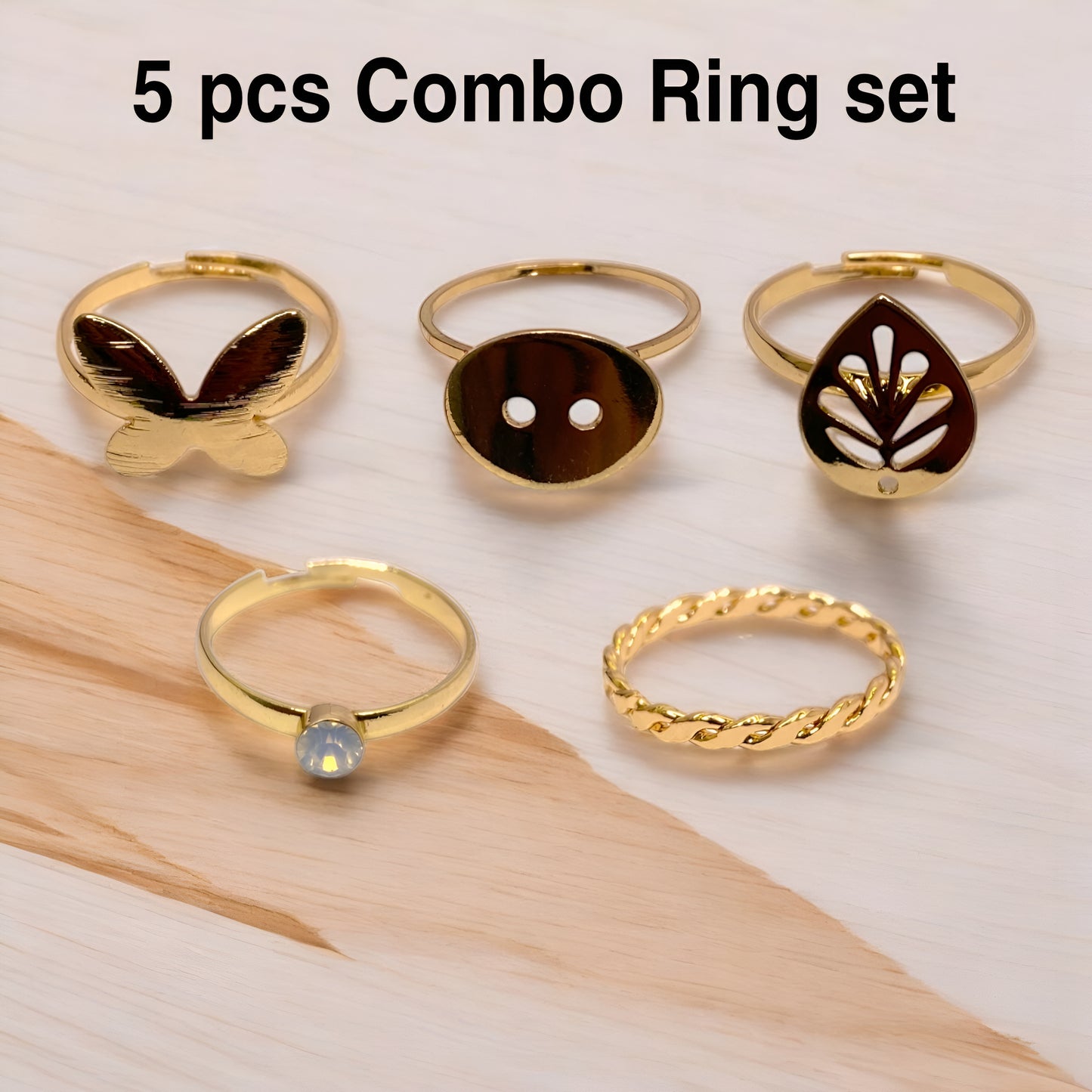 Stylish Golden Plated 5 Combo Rings Set for Women