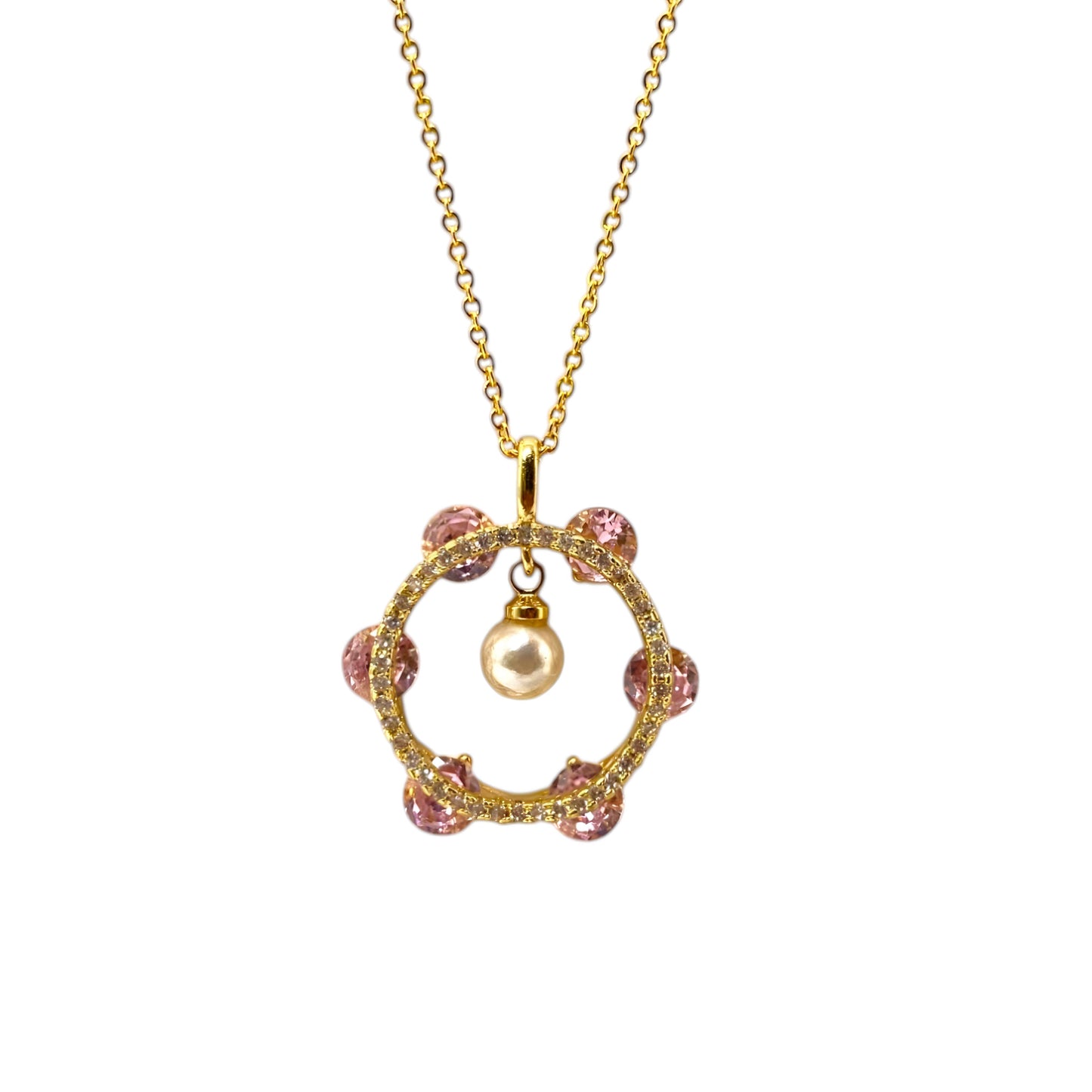 Radiant Chain Pendant with Baby Pink Stones and Pearl Drop