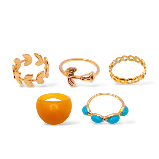 Trendy & Stylish Gold Toned Korean Design 5 pcs Ring Combo set for Women