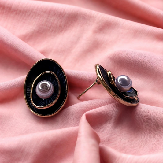 Circular Black & Golden Pearl Earrings