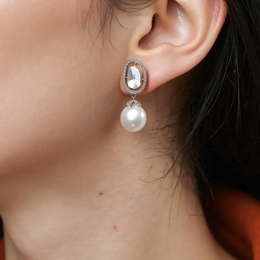 Beautiful Kundan Earrings with white Drop Pearl & Moissanite Stones