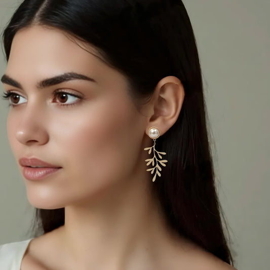 Gold Plated Leaf Danglers with Pearl