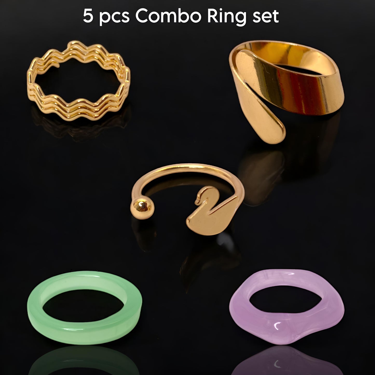 Golden Plated & Resin 5 Rings Set for Women