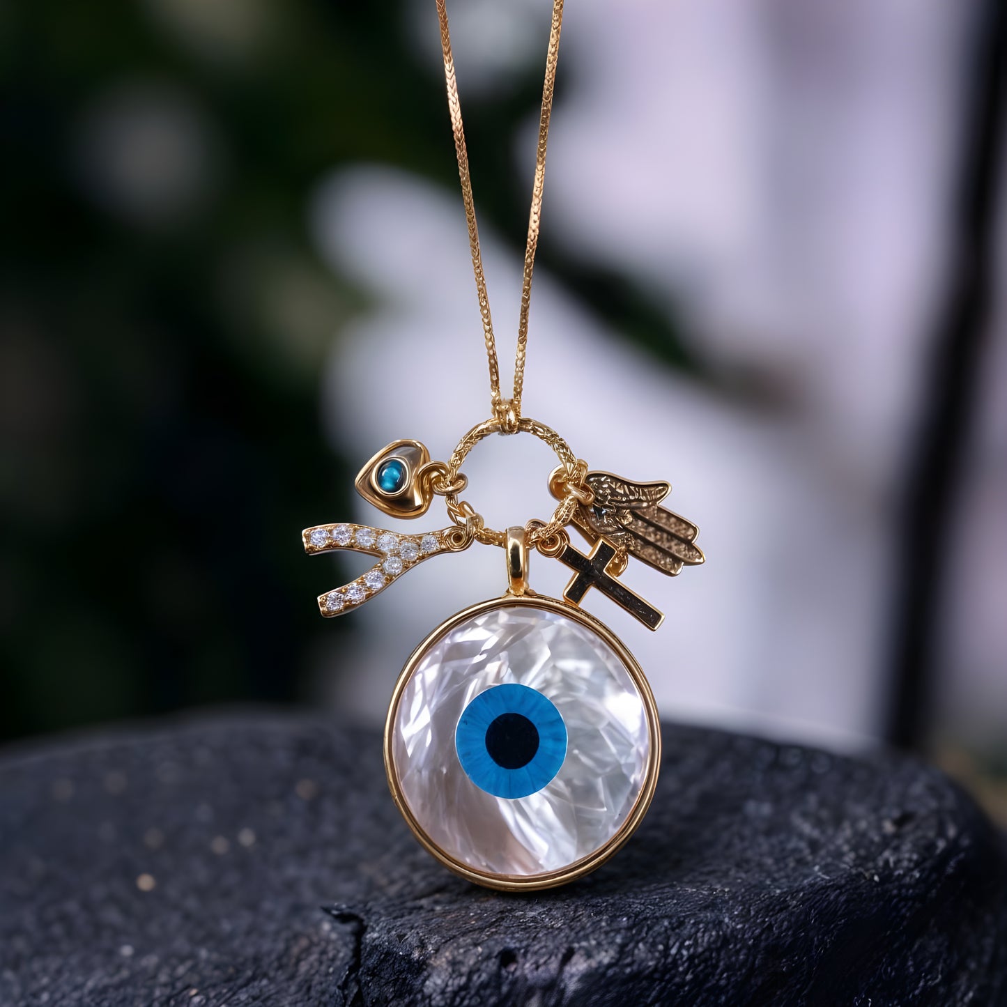 MOP Evil Eye Chain Pendant with Charms