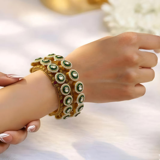 Traditional Green Kundan Rajwada Bangles by Vatiyaana Jewels
