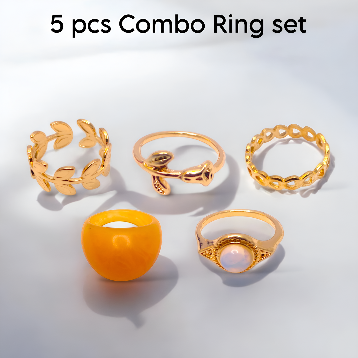 Trendy & Stylish Gold Toned Korean Design 5 pcs Ring Combo set for Women