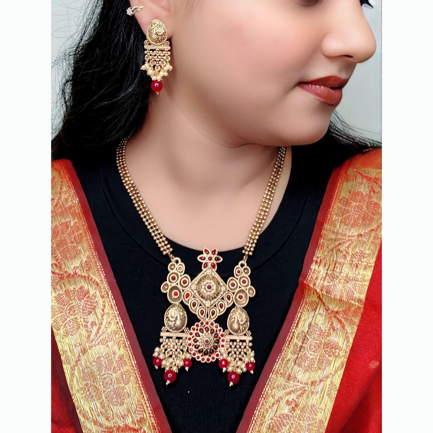 Premium Quality White & Red Pearl Necklace Set for Women