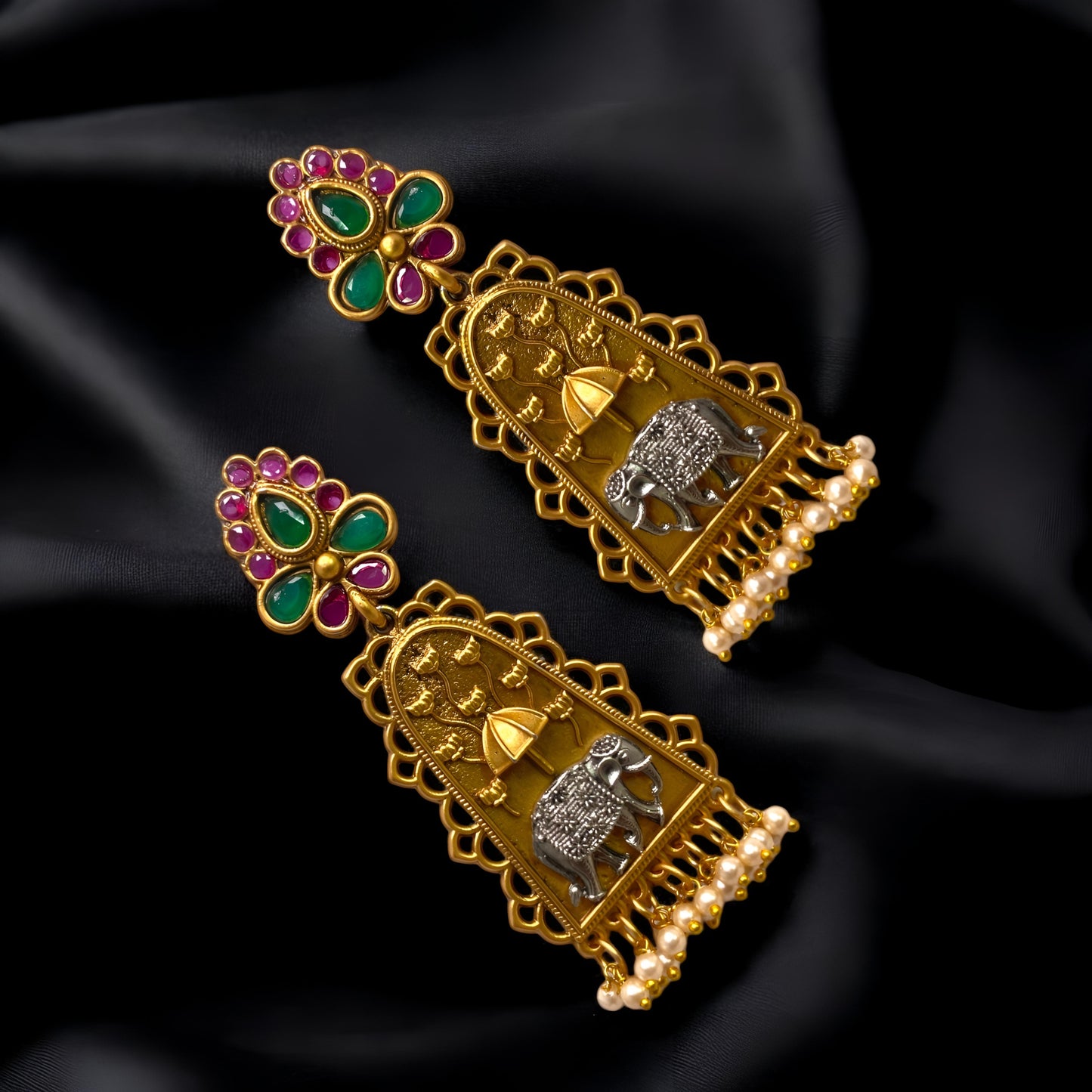 Antique Golden Oxidised Elephant Design Danglers