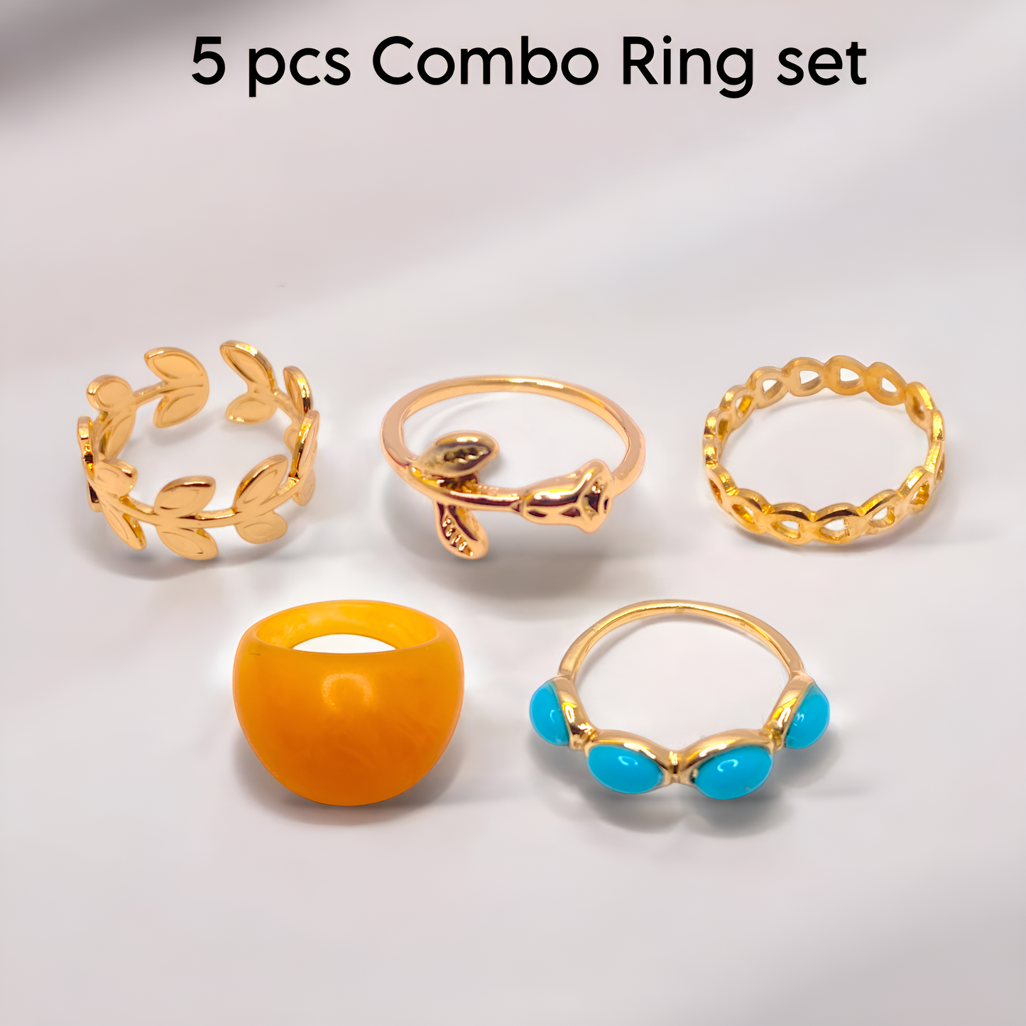 Trendy & Stylish Gold Toned Korean Design 5 pcs Ring Combo set for Women