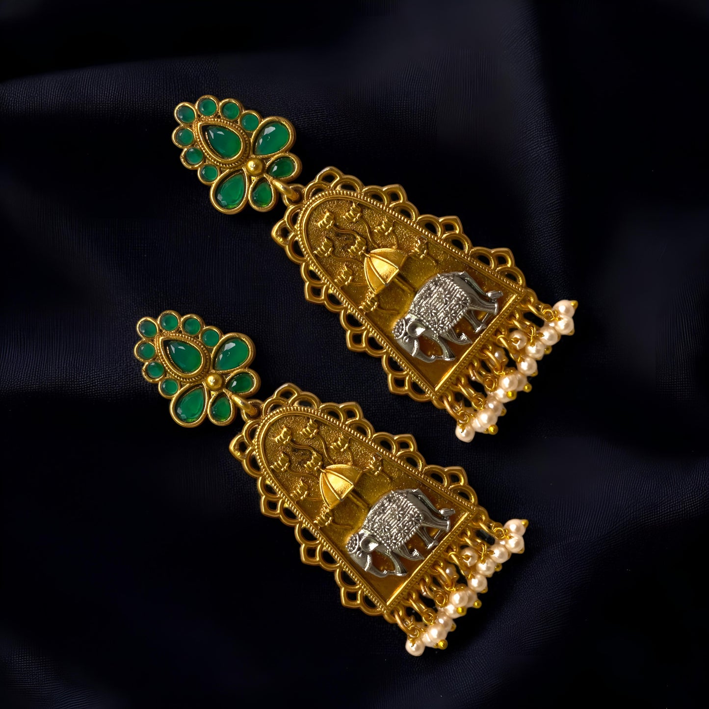 Antique Golden Oxidised Elephant Design Danglers