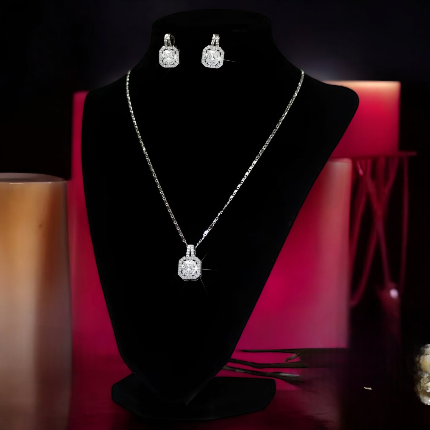 Beautiful Square Cut Single AD Solitaire Chain Pendant with Studs