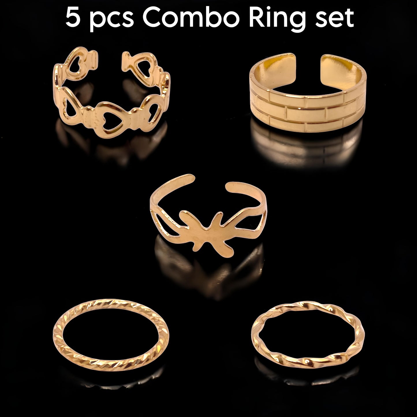 Trendy Western Golden Plated 5 Rings Combo Set for Women