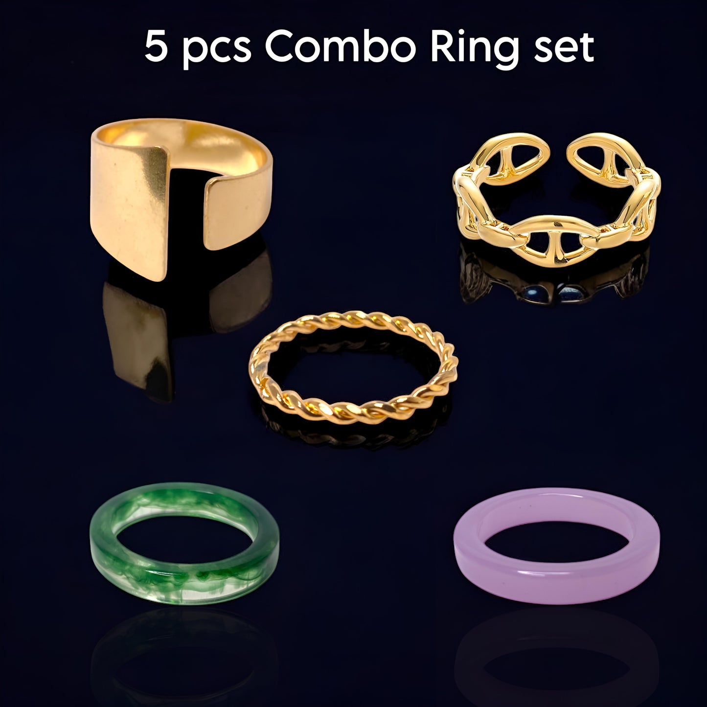 Golden Plated & Resin 5 Rings Set for Women