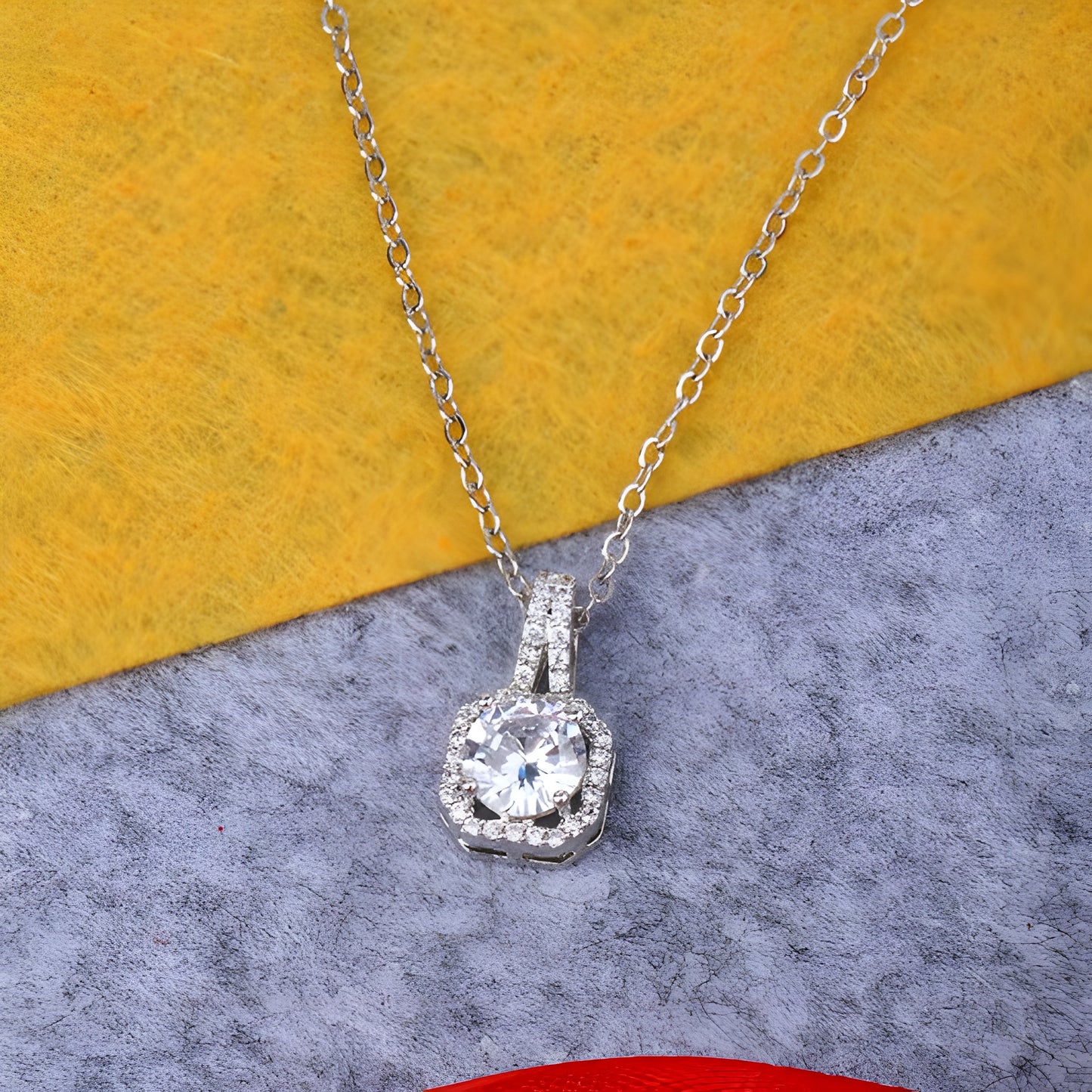 Beautiful Square Cut Single AD Solitaire Chain Pendant with Studs