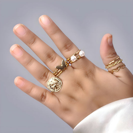 Stylish Golden Plated Korean Design 11 pcs Ring Combo Set for Women