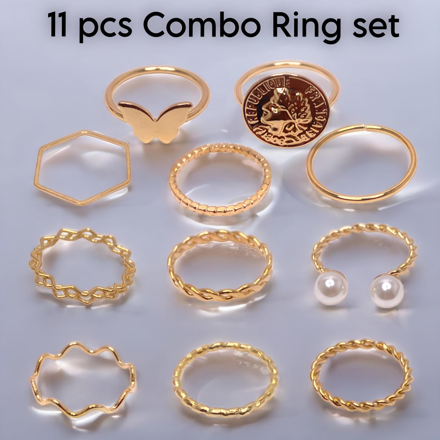 Stylish Golden Plated Korean Design 11 pcs Ring Combo Set for Women