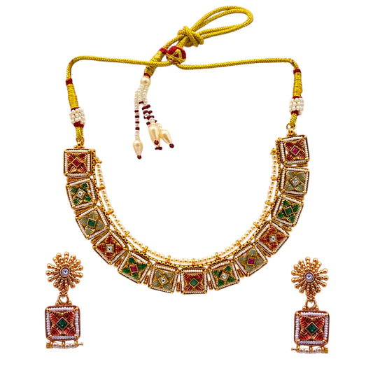 Gold Plated Meenakari Pearls Necklace Set by Vatiyaana Jewels