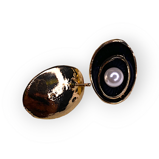 Circular Black & Golden Pearl Earrings