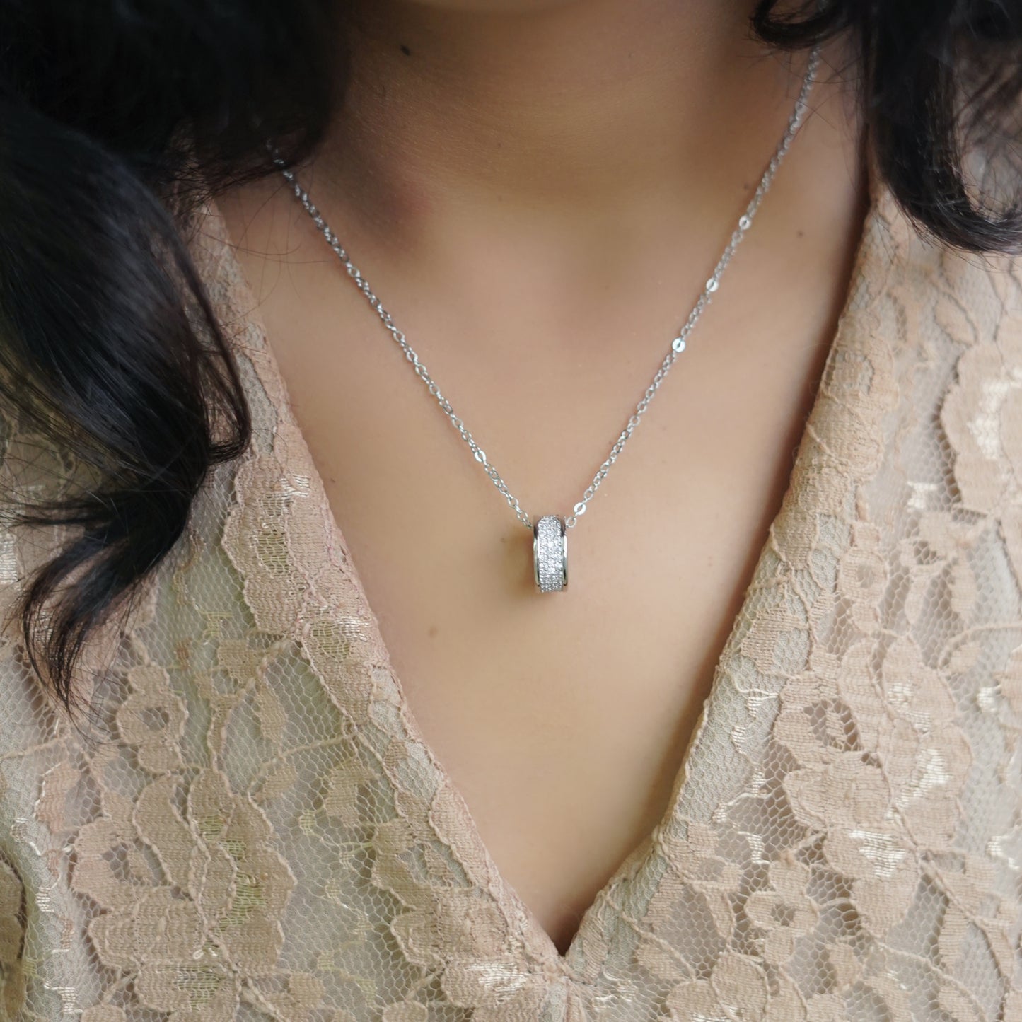 Silver Plated Donut Chain Pendant with CZ