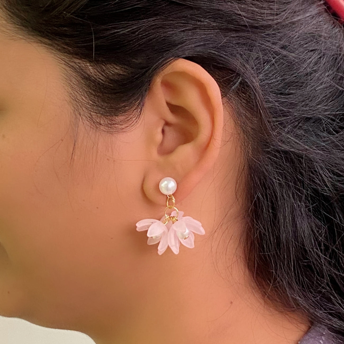 Pink Floral Drop Earrings with Pearl