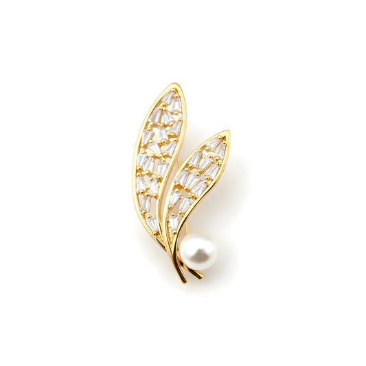 Feather and Pearl Brooch in Gold Plating