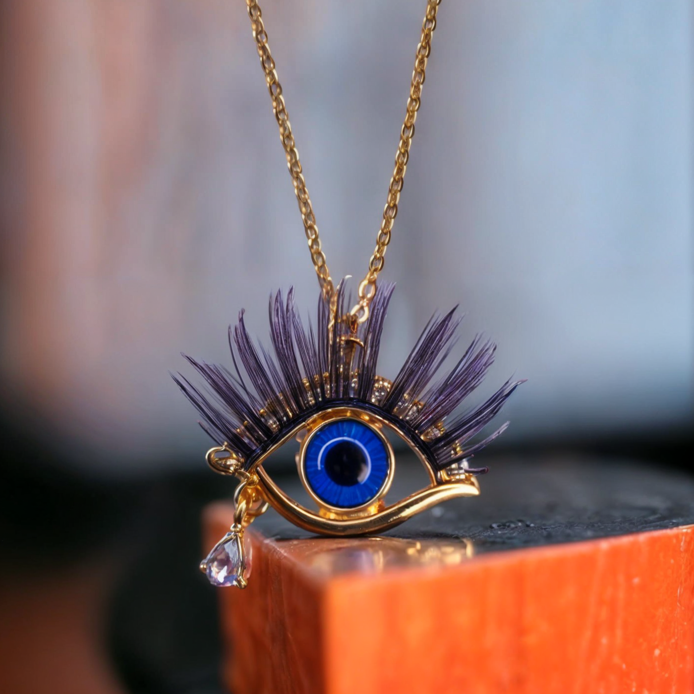 Evil Eyelash Chain Pendant with CZ Drop