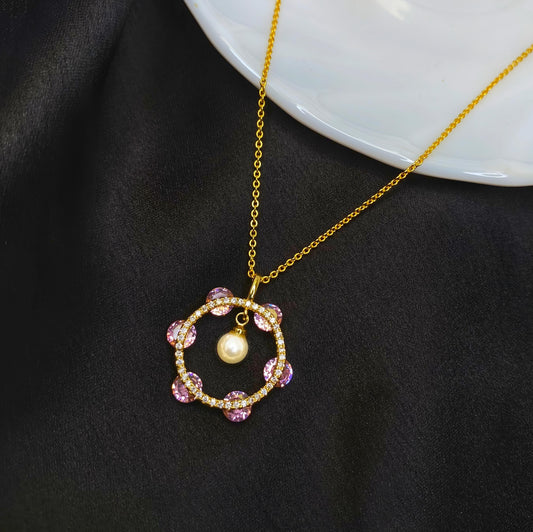 Radiant Chain Pendant with Baby Pink Stones and Pearl Drop