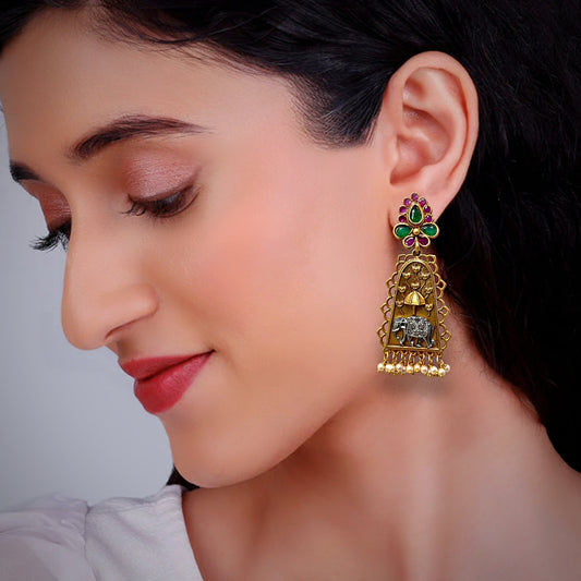Antique Golden Oxidised Elephant Design Danglers