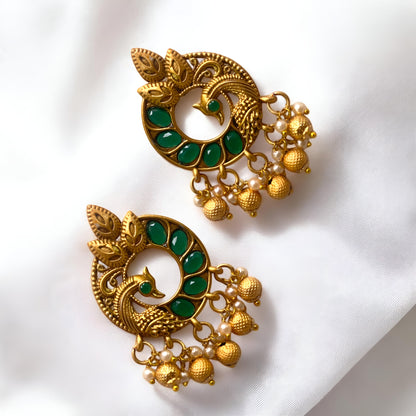 Beautiful Golden Antique Oxidised Round Peacock Design Earrings