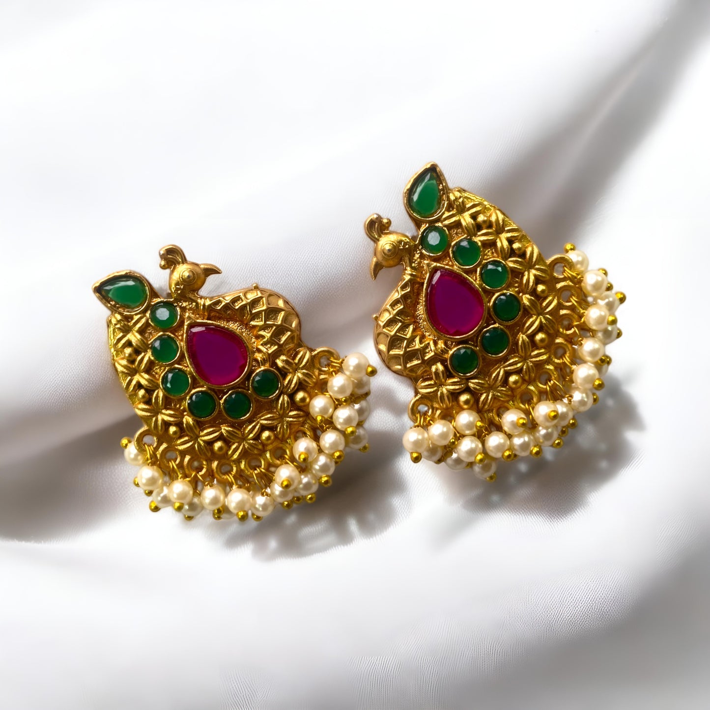 Antique Golden Plated Peacock Design Earrings with Hanging Pearls
