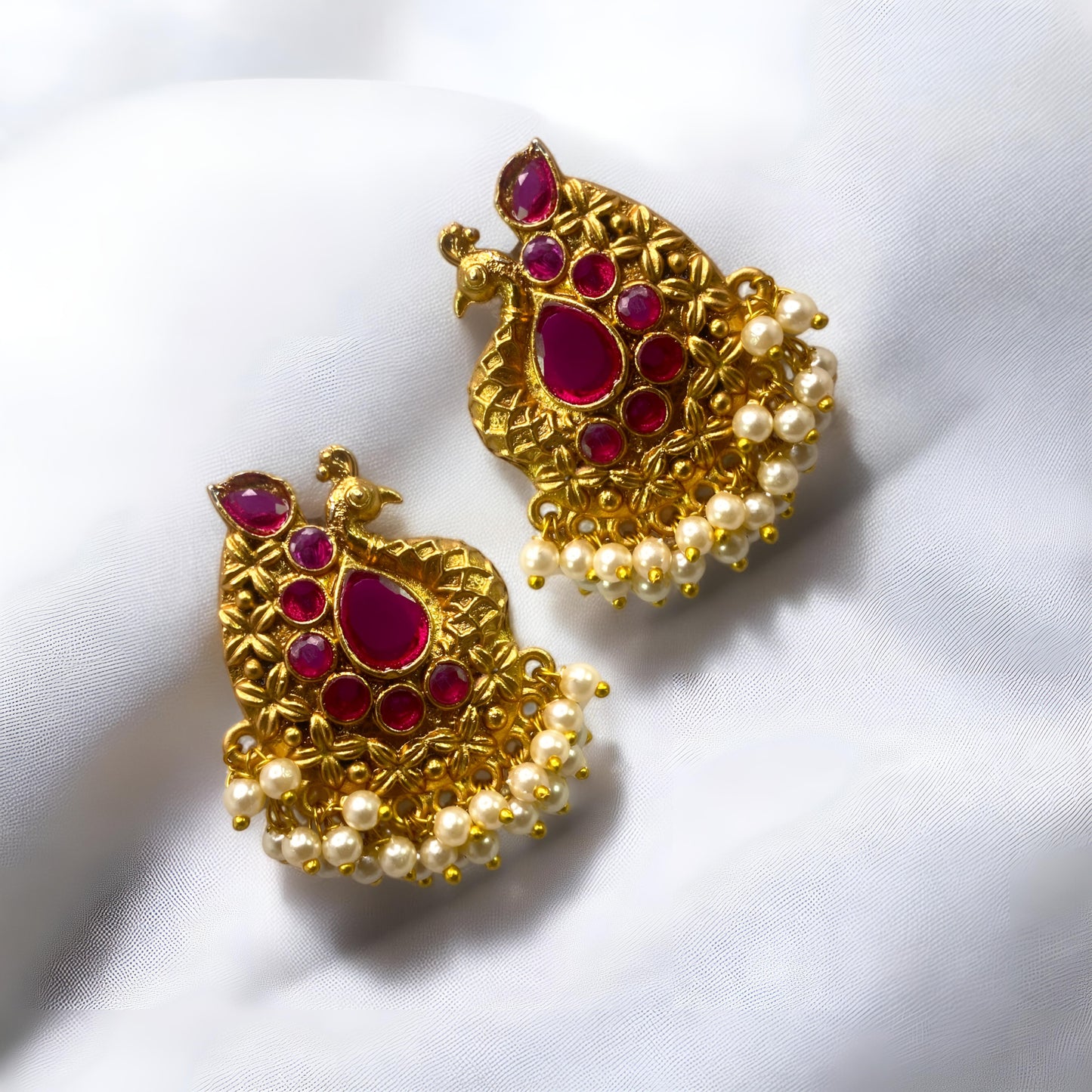 Antique Golden Plated Peacock Design Earrings with Hanging Pearls