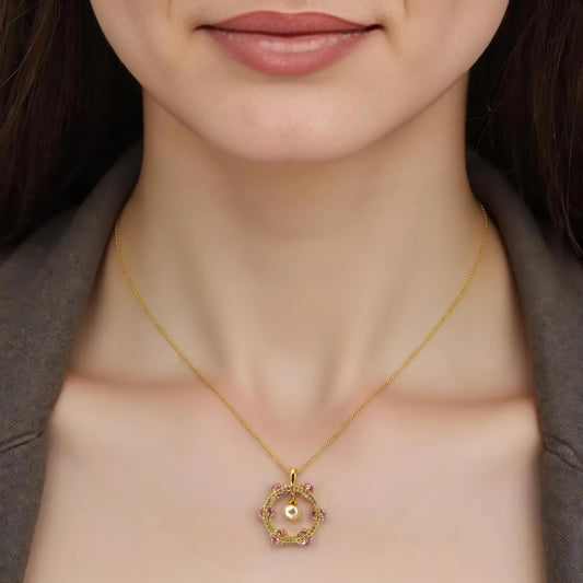 Radiant Chain Pendant with Baby Pink Stones and Pearl Drop