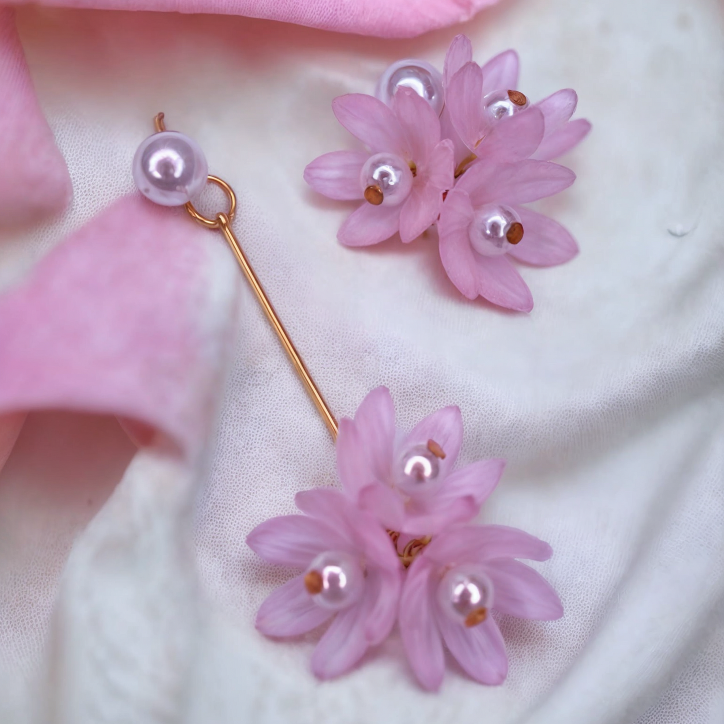 Pink Floral Drop Earrings with Pearl