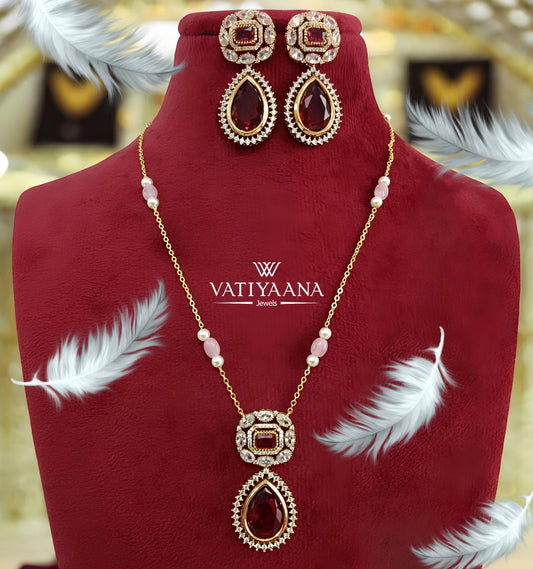 Beautiful Red Stone Pendant Set with CZ Stones
