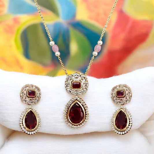 Beautiful Red Stone Pendant Set with CZ Stones